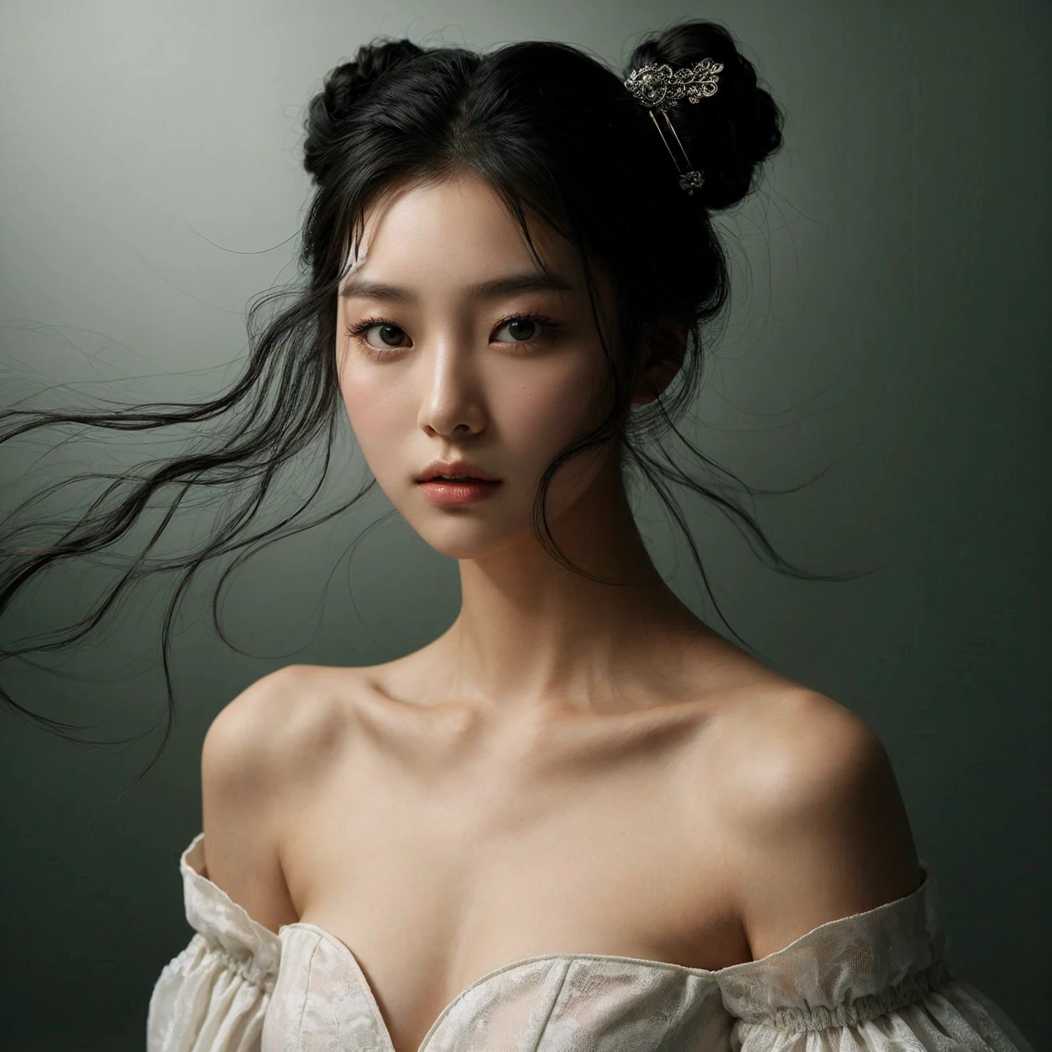 Create a portrait of a young korean woman, flowing black hair with buns, set against a sage, smoky background. She is wearing a white open shoulders dress and has a poised, medium chest, elegant expression. The woman has a hairpin with intricate designs in her hair, adding a touch of sophistication to her look. The lighting is soft and dramatic, highlighting her facial features and creating a sense of depth and mystery in the composition.