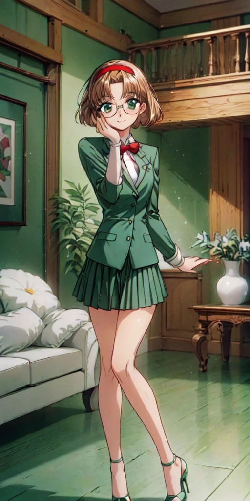fuu hououji, 4k portrait, looking at viewer, 1girl,short hair,light brown hair,Glasses,((red hairband)),green blazer,mini skirt,(green high heels:1.4), smile,masterpiece,Noise Reduction,perfect anatomy,high resolution, ultra-detailed,game cg,dutch angle ,beautiful detailed eyes,visualart,five fingers, perfect hands, perfect lighting,BREAK full body, standing,arms at sides, BREAK (indoor:1.6), (living room:1.4)