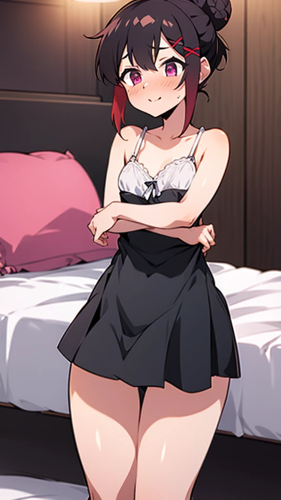 high tail hairstyle, Ponytail hairstyle, Long wavy black hair, standing posing, anime girl style, pixel art anime style,penetrating look with deep eyes,red and purple eyes, hair with a ponytail hairstyle trapped with a big red bun, Women, red hair clips, x color shaped hair clips , smiling face blush, next to his bed, lingerie, Tank Top, Black hair, mini skirt, big thighs,