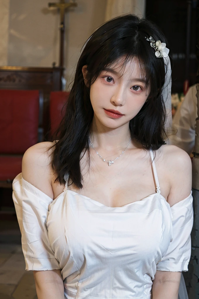 Portrait photography,1 girl,church,White Wedding Dress,White veil,Beautiful wedding dress,Bare shoulders,Lipstick,(Big Breasts:1.6),Shoulder-Length Wavy Hair,Wear a necklace,Headband,serene,calm,(Realistic and detailed eyes,Natural skin texture,Realistic facial details),