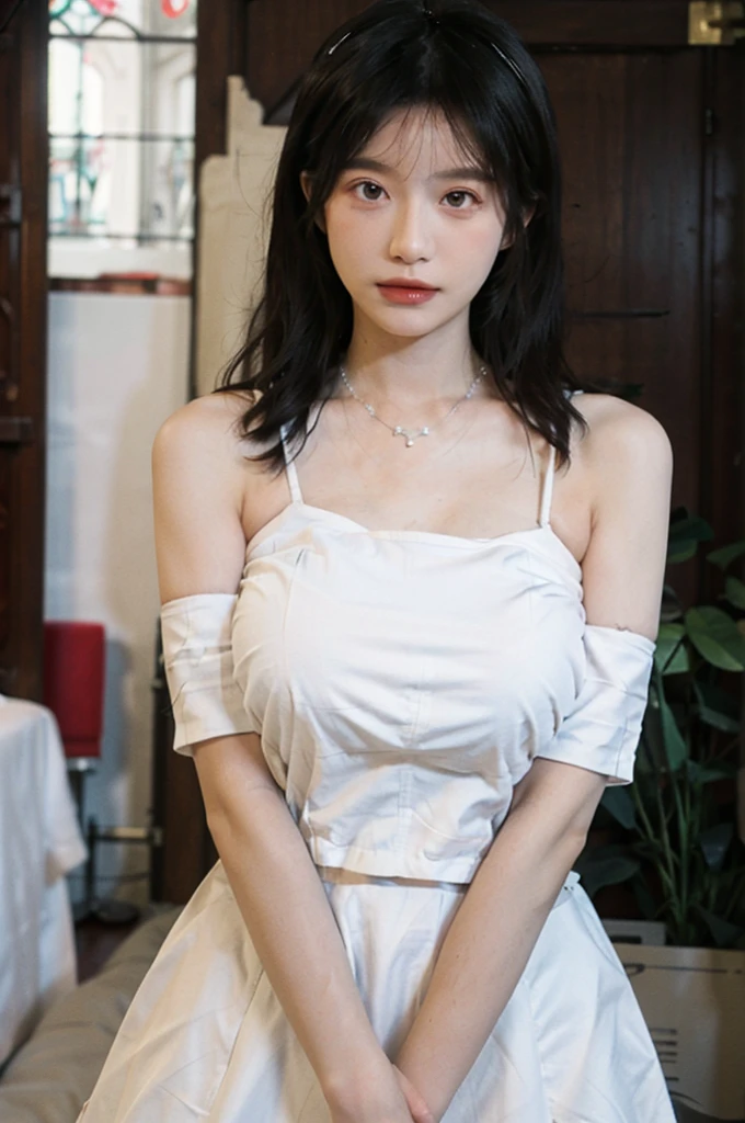 Portrait photography,1 girl,church,White Wedding Dress,White veil,Beautiful wedding dress,Bare shoulders,Lipstick,(Big Breasts:1.6),Shoulder-Length Wavy Hair,Wear a necklace,Headband,serene,calm,(Realistic and detailed eyes,Natural skin texture,Realistic facial details),