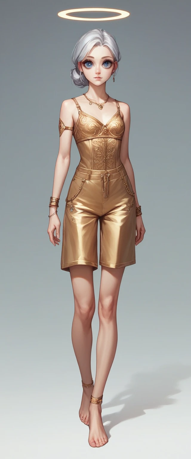 check_9,check_8_up,check_7_up,check_6_up,check_5_up,check_4_up BREAK skinny, rainbow medieval girl, concept, halo overhead, full length, standing on my feet, Gold Shorts, gold shorts, feet in silver bracelets, dressed, beautiful big eyes, she's a hunter ,( fire crossbow in bows, gold shorts )