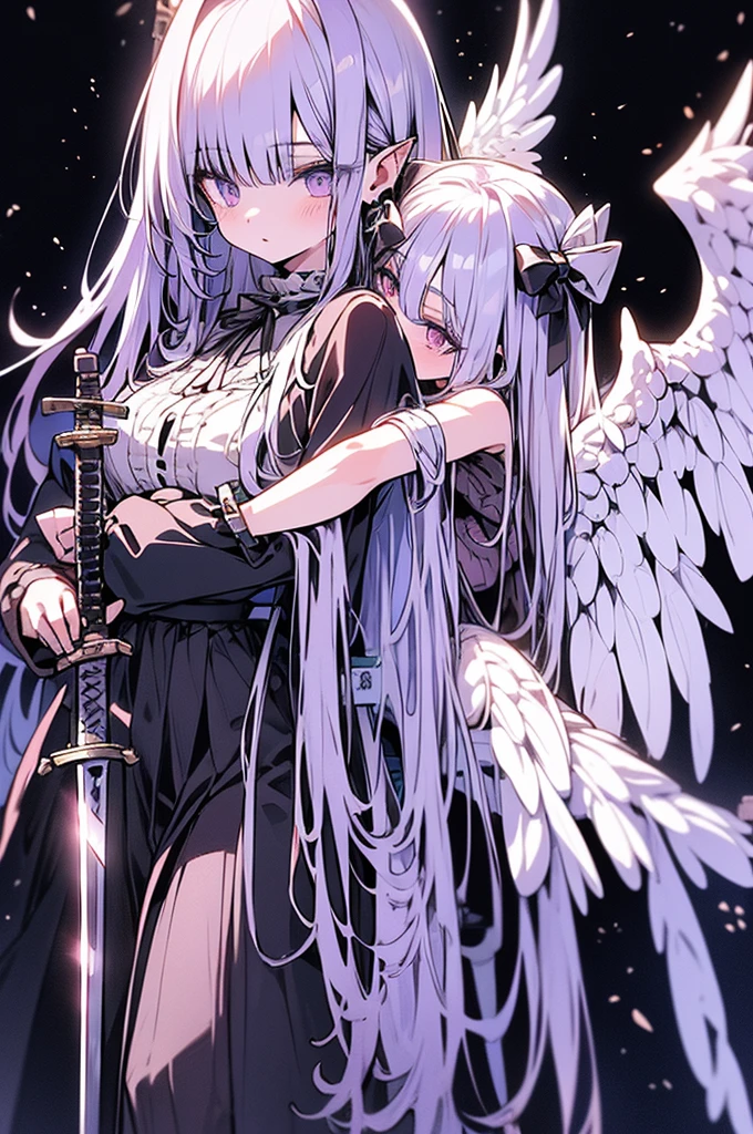 Masterpiece,angel of punishment,(((((holding a sword))))),white long hair,purple eyes,four wings,white and black Gothic Lolita,grown,slim,tall