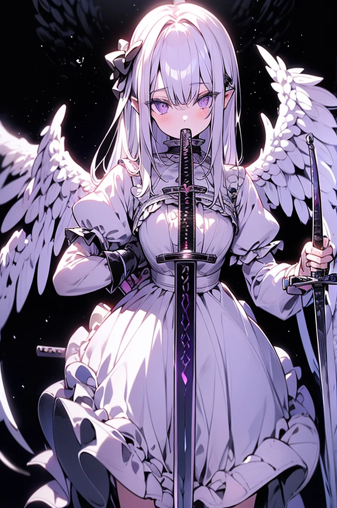 Masterpiece,angel of punishment,(((((holding a sword))))),white long hair,purple eyes,four wings,white and black Gothic Lolita,grown,slim,tall