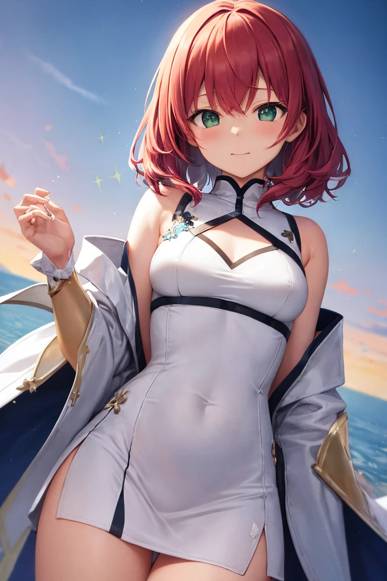Ultra-fine illustrations、{{Solo Girl}}、{pretty girl}、Cowboy Shot,(No hat:1.5)、Beautiful Hair、{Scarlet Hair}、{Medium Hair}、{greenい目の色}、employment、{Small breasts}、Beautiful Eyes、{White Uniform}、A light smile、green々cheeks、Close your mouth、{masterpiece}、Intricate details,{Highest quality}、{Beautiful sparkle}