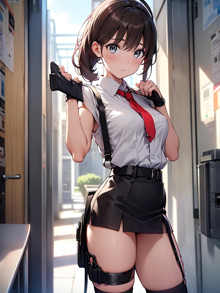 Brown hair、watching at viewers　　　black suspenders　　　Bulging big breasts　　 　 　　　walls: 　Black miniskirt　garters　　　　　　Gaze　　　Small face　bangss 　　　holster　　　Beautuful Women　　hands up　　レッグholster ベッドに横たわる　　Gaze 　black boots panty shot　provocation　flank　flank汗　soio 　arm