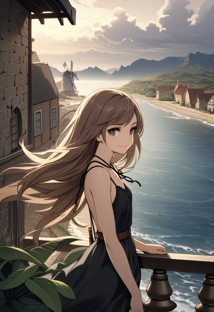 masterpiece, best quality, european medieval town by sea, gray plants, gray trees, windmill, aged brick buildings, lamp posts, ocean, mountains in distance, windy, clouds, early evening, gloomy, young woman, smile, solo, brown hair, very long hair, swept bangs, brown eyes, long eyelashes, thick eyelashes, looking out at sky, hands on railing, black summer dress with thin straps tied behind neck, backless dress, brown belt, dagger sheathe, toned arms, small breasts, tropical, balcony background, morning, plants, from side, storm clouds, windy,
