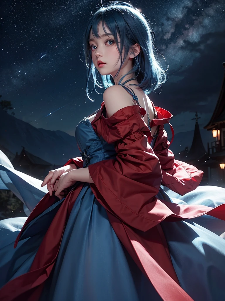 Ultra HD、A beautiful blue-haired character、Cute big eyes、Red burning cheeks、Night scene with starry sky background、Wearing a gorgeous dress、Subtle details、A fantastic atmosphere、Anime style