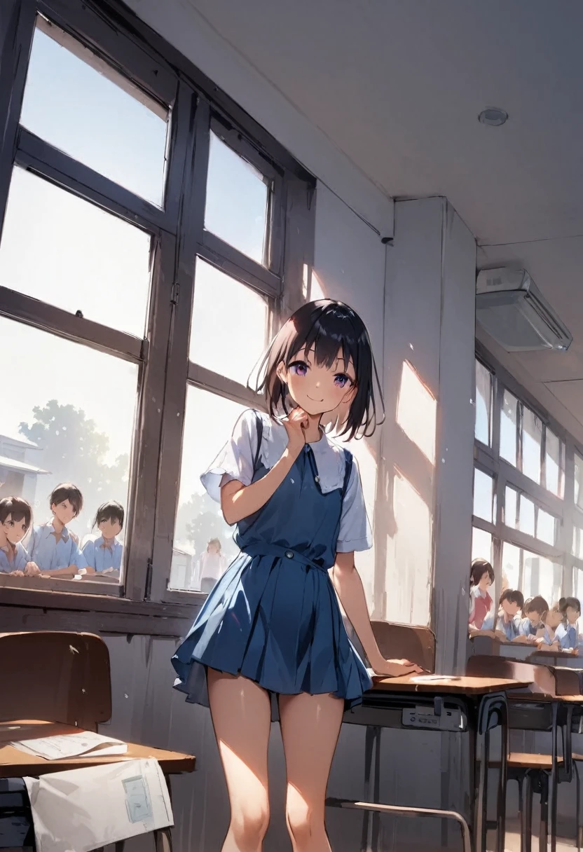 air conditioner、Air conditioning is cool、School、In the classroom、Sitting in a chair、Girl、Girl、Short、Younger、Lower school year、Baby Face、flat chest、Dynamic Angle、masterpiece、best quality、ultra-detail、Summer sunshine、Miniskirt、The desks are lined up、smile、There are several classmates behind me.、Clothing、The wind feels good、comfortable、window