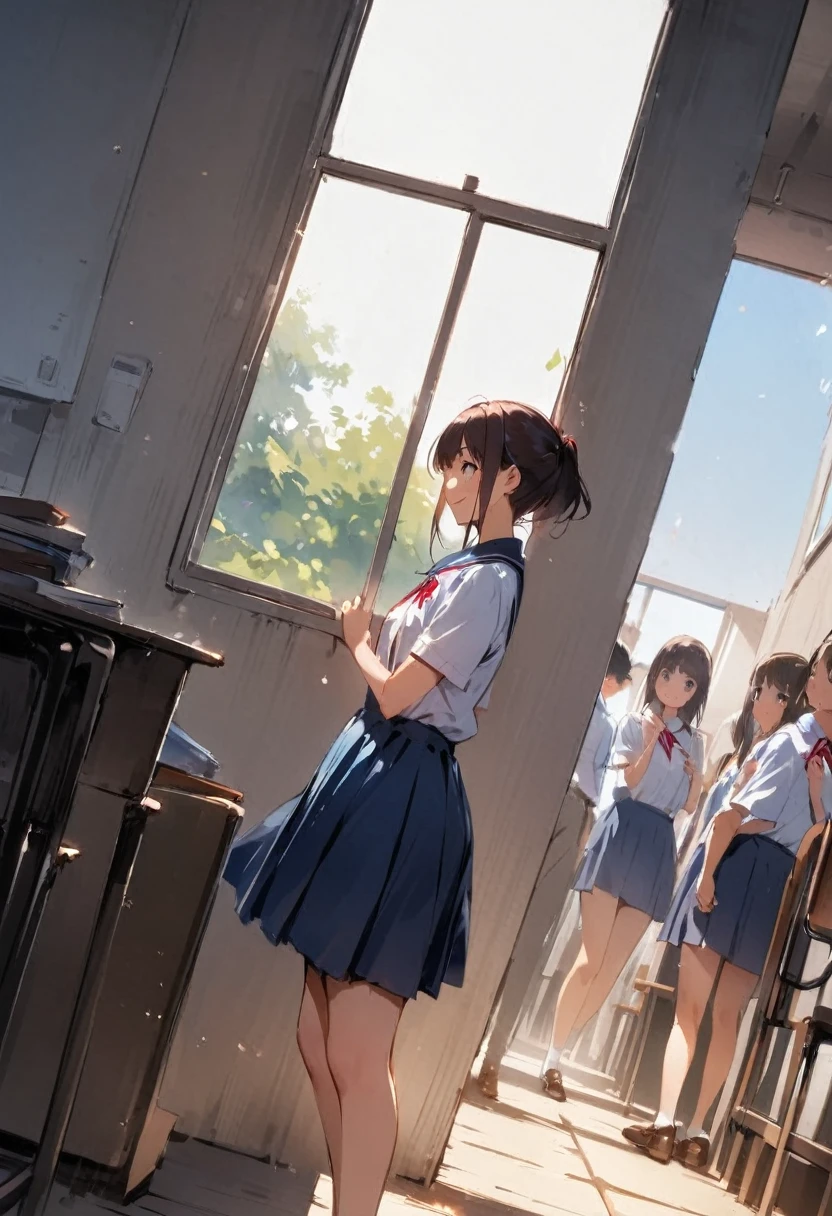 air conditioner、Air conditioning is cool、School、In the classroom、Sitting in a chair、Girl、Girl、Short、Younger、Lower school year、Baby Face、flat chest、Dynamic Angle、masterpiece、best quality、ultra-detail、Summer sunshine、Miniskirt、The desks are lined up、smile、There are several classmates behind me.、Clothing、The wind feels good、comfortable、window