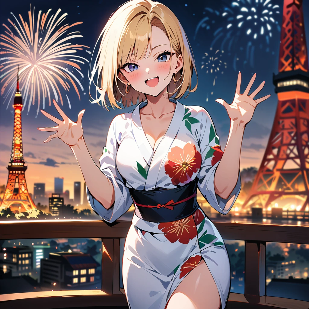 (masterpiece, best quality:1.2),1girl, (solo), Android 18 from Dragon Ball, ((floral print white kimono)), medium breasts, blunt bangs, blonde short hair, (black eyes), earrings on earlobes, slim, slender feminine figure, skinny body, blush, magnificent view, blur background, 4K, open mouth, smile, Tokyo Tower, firework, arms open, collarbone,