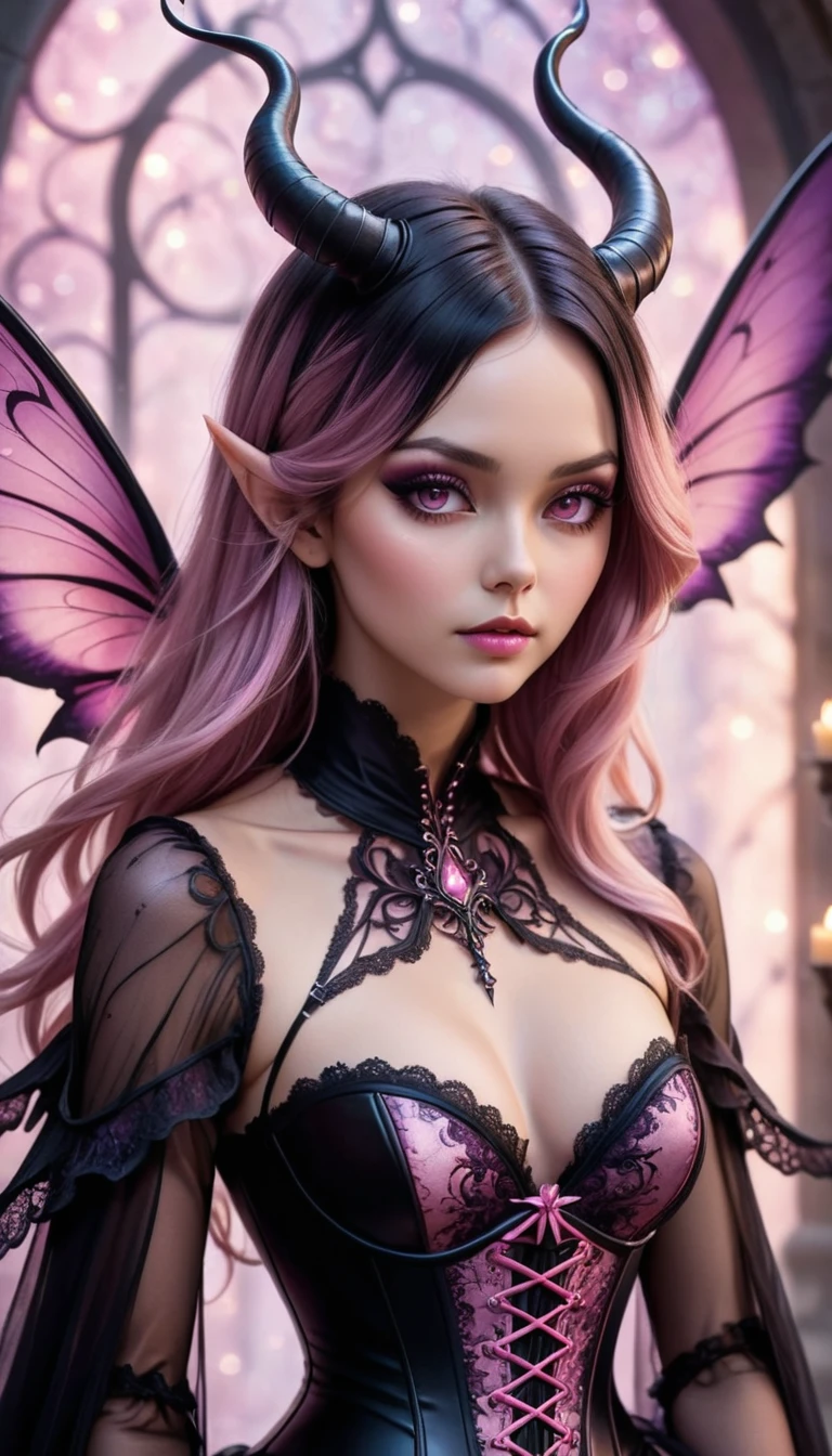 Create an image of a captivating fantasy character with a dark, enchanting aura. The character should have long, flowing hair with a striking ombre effect, transitioning from black to pink. She has large, expressive eyes with dramatic, dark makeup that enhances her alluring gaze. Her outfit should be a form-fitting, gothic-inspired corset dress with intricate lace and leather details, featuring a combination of black and pink hues. The dress should have a plunging neckline and long, patterned sleeves that add to the dramatic effect. She has fairy-like wings with a similar black and pink color scheme, and her look is completed with a pair of elegant, curved black horns. Her ears should be slightly pointed, adding to her mystical appearance. The background should be softly blurred with a bokeh effect in shades of pink and purple, creating a dreamy, otherworldly atmosphere that highlights the character's ethereal beauty and dark, fairy-tale charm.