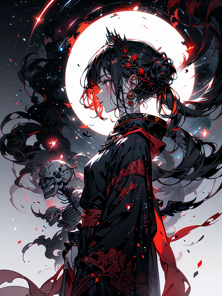 (((profile right))), long sparkling golden red hair, (((dancing with a skeleton))), colorful fantasy background, watercolor illustration, Disney art style, glowing aura around her, Glowing lights, Beautiful digital illustration, fantasy otherworldly landscape, Beautiful, Masterpiece, Best quality, Disney style anime, eyelashes, side view, Crystal hair, Glowing hair, galaxy, Additional lighting, (Hair surrounded by galaxy splashes), (Her hair turns into galactic clouds,:1.27628), Moon in the night, hyperdetailed illustration, dynamic angle, Smiling dancer, Dance of life, transparent shawl, Delicate hair decorations, Elegant earrings, very detailed face, Bright illustration of a woman with stars and curls, loose hair, anime girl with space hair, Multi-colored vector graphics, colorful illustration, in digital illustration style, colorful illustration, Psychedelic illustration, Psychedelic hair, Bright colorful comic book style, bizarre and psychedelic, lots of purple and orange, complex parts, volumetric lighting BREAK, Rich detail and color (The color of the rainbow: 1.2), (glow, atmospheric lighting), dreamy, magic, (solo: 1.2), Interference world, Psychedelia, Существо излучает bright light, bright light, Black background, Mesmerizing presence, Enchanting radiance, Swirling energy, Mystical symbols, a surrealistic landscape, Majestic trees, Moonlight, seeping through the branches, flickering lights, magical creatures, grim Reaper, Otherworldly whispers, Ethereal haze, Divinely powerful, Aura of darkness, enchanting beauty, Fascinating look, Magic Essence, Intoxicating Charm, femme fatale, Mythical realm, glass hair, Tanzanite, Glowing hair, fantasy style clothing, Necromancer's Clothes, Necromancer Wizard, necromancy, black and red clothing, Bone jewelry on clothes, galaxy, Additional lighting