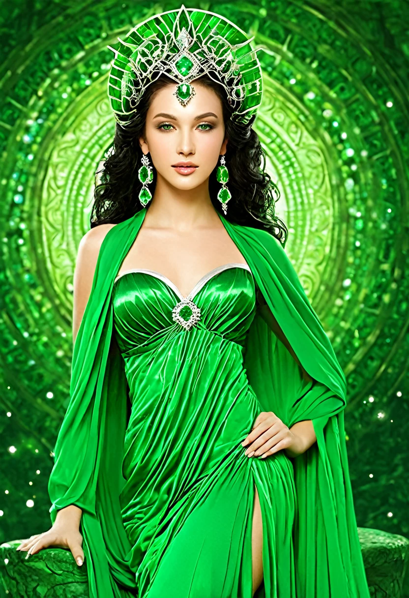Beautiful girl, goddess of emerald, Emerald&#39;s gaze is full of mysterious danger, grace of a snake, the goddess&#39;s outfit smoothly flows into a menacing snake grin, Green color of the gemstone, in the style of Alphonse Mucha