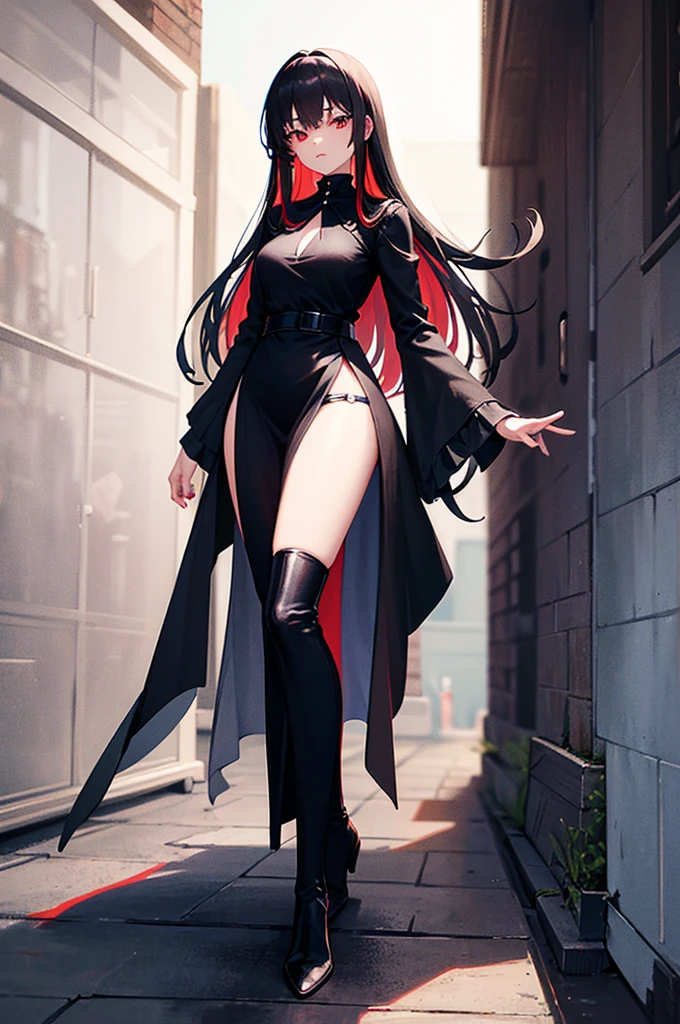 Girl, 20 years old, with long white hair down to below her waist, a serious yet tender expression, and red eyes. Her hair features black streaks. She wears antique-style clothing, a long black dress with a slit on the legs, and high black boots that almost reach her knees. Her power and background are related to shadows and darkness. shadow wings