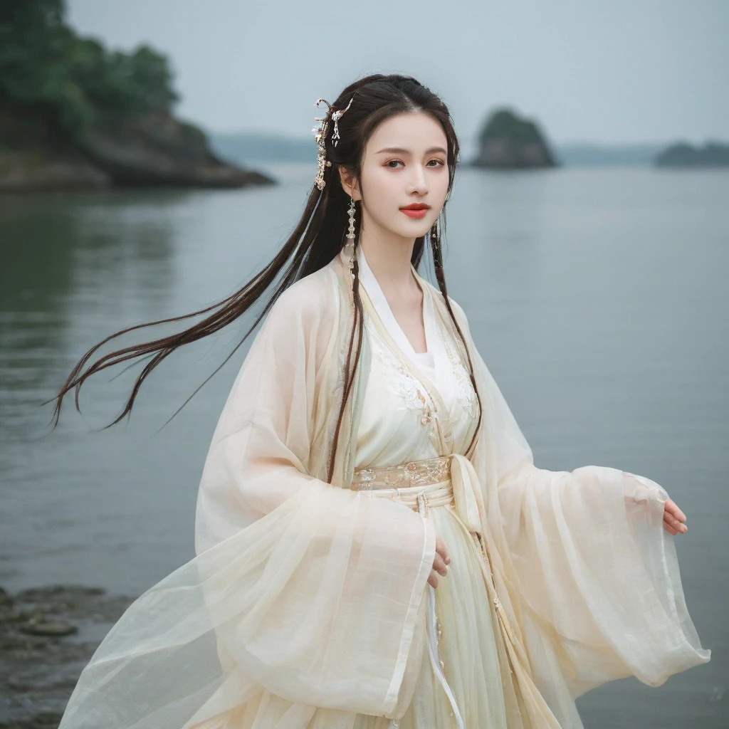 1girl, wet transparent hanfu, light smile, Stunningly Beautiful girl, designer dress, posing for a picture, fashion show, dark red eyes, side-wet long hair, long ringlets, catwalk aesthetic, details, film lighting effect, light-dark contrast, huge round breasts, pearl earrings, full body shot, soft lights on face, dusk, windy, warm tone.