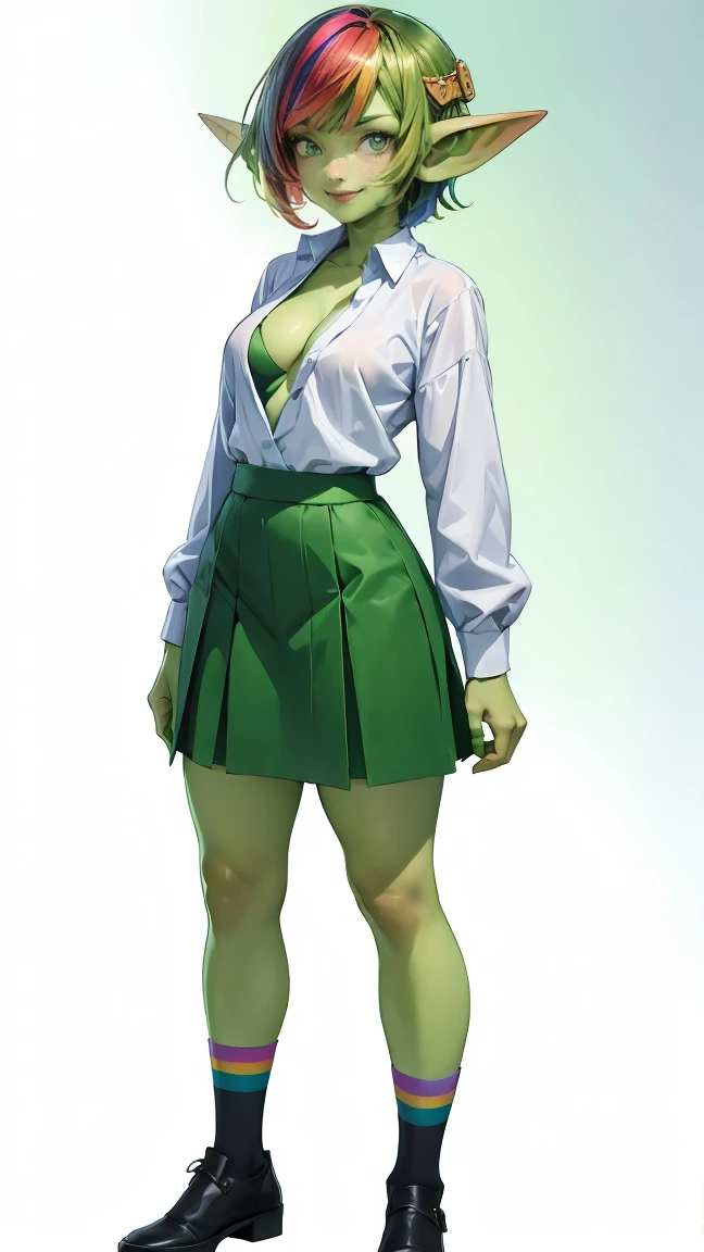 1 girl, short hair, green goblin girl, green skin, small pointy ears, ((rainbow hair)), very fashionable skirt and shirt, (wearing knee-socks), smiling, (full body), standing, posing for portrait, smiling, white background, simple background, cleavage