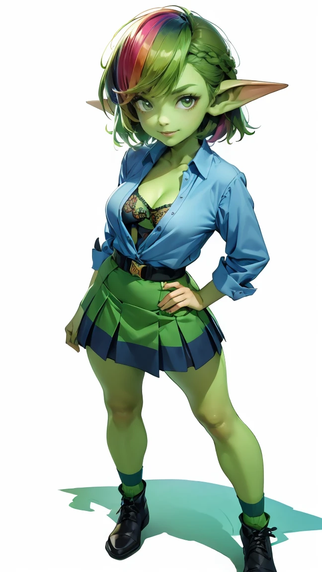1 girl, short hair, green goblin girl, green skin, small pointy ears, ((rainbow hair)), very fashionable skirt and shirt, (wearing knee-socks), smiling, (full body), standing, posing for portrait, smiling, white background, simple background, cleavage
