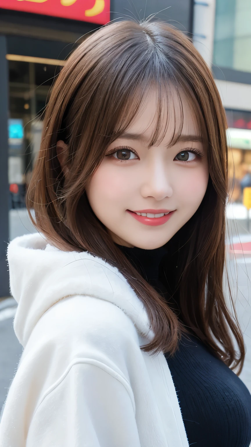 masutepiece, Best Quality, Illustration, Ultra-detailed, finely detail, hight resolution, 8K Wallpaper, Perfect dynamic composition, Beautiful detailed eyes, Cold winter clothes,Medium Hair,Small breasts natural color lip, Bold sexy poses,Smile,Harajuku、20 years girl、Cute、Sexy shot looking at camera
