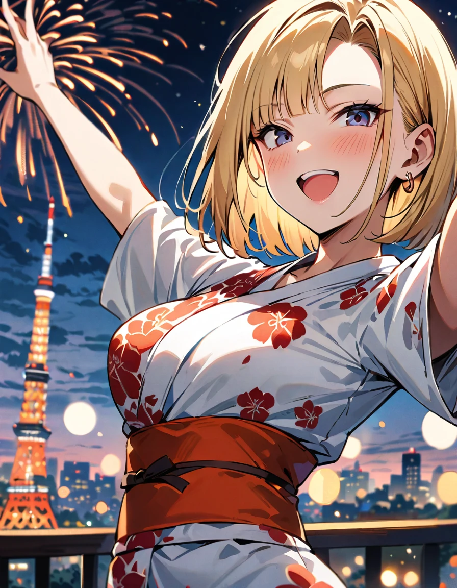 (masterpiece, best quality:1.2),1girl, (solo), Android 18 from Dragon Ball, ((floral print white kimono)), medium breasts, blunt bangs, blonde short hair, (black eyes), earrings on earlobes, slim, slender feminine figure, skinny body, blush, magnificent view, blur background, 4K, open mouth, smile, Tokyo Tower, firework, arms open, collarbone,