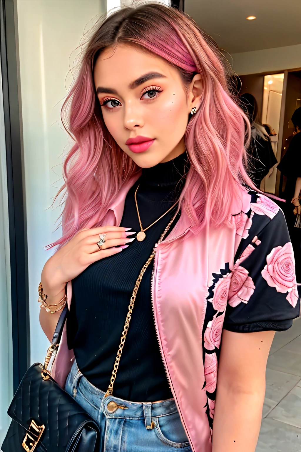 Meet Luna Rose, a digital influencer in her early twenties with fair English skin and vibrant pink hair styled in a chic, tousled bob. She has sharp, well-defined eyebrows, large, sparkling eyes, a slightly upturned nose, and full, naturally glossy lips. Her radiant, dewy skin highlights her high cheekbones, adding elegance to her edgy-chic style. Luna's wardrobe blends bold, statement pieces with sophisticated fashion, accessorized with eye-catching jewelry and handbags. She exudes confidence, charm, and authenticity, captivating a young audience with her creative, fashion-forward content on Instagram, TikTok, YouTube, and Twitter.