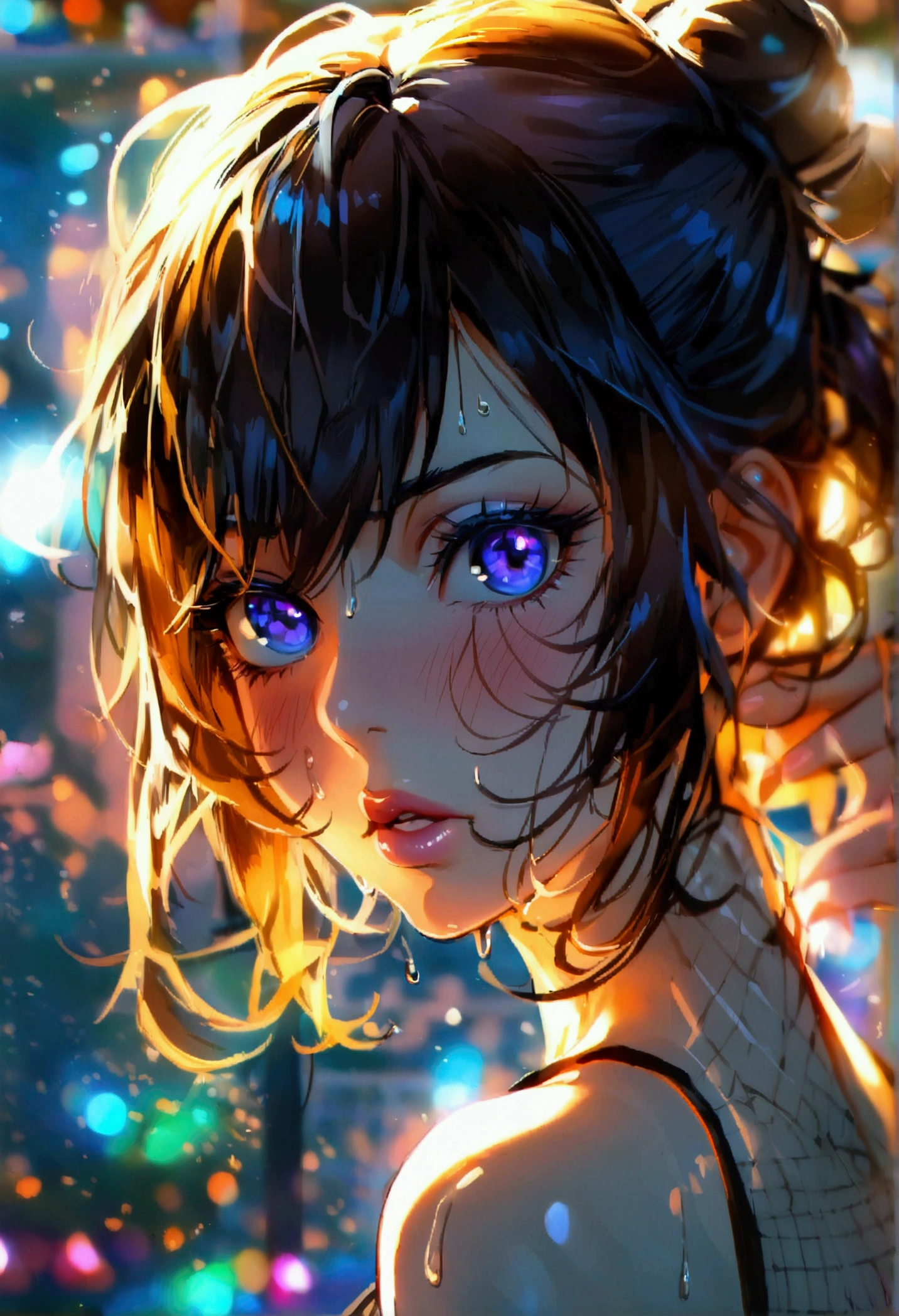 masterpiece:1.5, best quality:1.5, aesthetic, 1girl, sidelocks, cinematic lighting, sharp focus,large breasts , mature female, horny ,16k, glowing eyes, detailed 4k eyes,
playground,seduction,sexy lips, parted lips,detailed lips, high detailed background,((big purple eyes)), detailed face,shiny skin,
auntjunev3,auntjune,,hair bun, bangs, messy hair
, brown hair,( brown shirt:1.3),floral print apron, food, large breasts, brown eyes, mature female, blush, sligh cleavage, medium breasts, wearing Hot Bridal Taupe Net Babydoll Honeymoon Bikini, sweating very sweating, tight cameltoe, see through , masterpiece, best quality, high detailed, desire, blush, perfect hands, blush, shy, tight gap, Marin Kitagawa