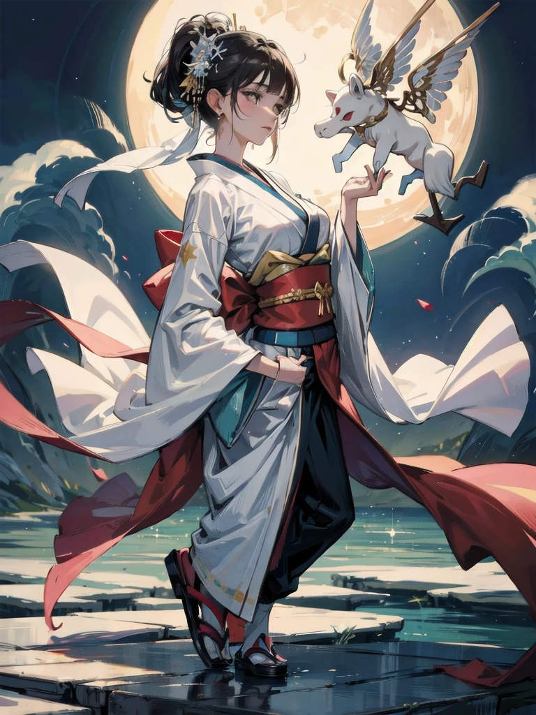 absurdres, RAW photo, extremely delicate and beautiful, masterpiece, Best Quality, ultra high resolution, 32k, hyperrealistic, ultra-detailed, perfect figure, in her 20s, very small head, very small face, delicate facial features, tearful mole, earring, very huge breasts, full body shot, medium hair, moon, kimono, long sleeve, wide sleeve, hair ornaments,