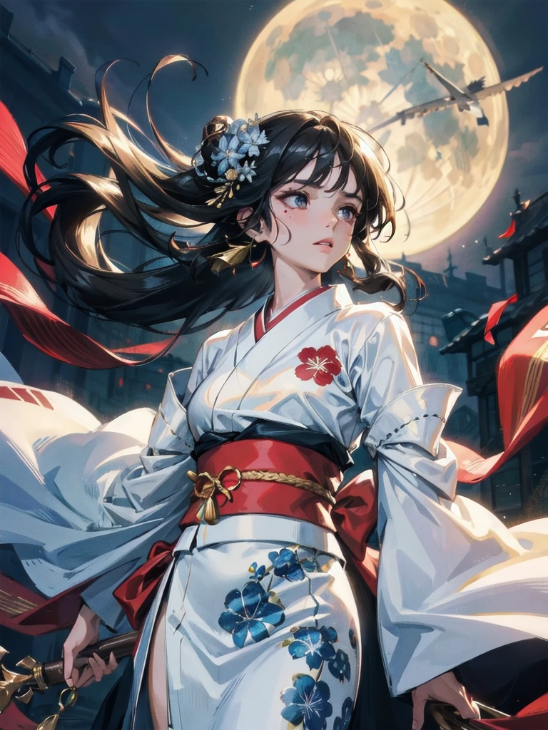 absurdres, RAW photo, extremely delicate and beautiful, masterpiece, Best Quality, ultra high resolution, 32k, hyperrealistic, ultra-detailed, perfect figure, in her 20s, very small head, very small face, delicate facial features, tearful mole, earring, very huge breasts, full body shot, medium hair, moon, kimono, long sleeve, wide sleeve, hair ornaments,