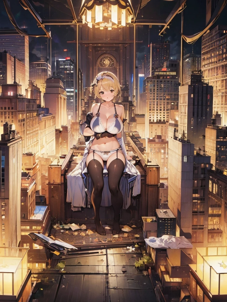 (((masterpiece) (((((Highest quality))))((high resolution))))), Very detailed, Ultra-realistic, )、、City、Blonde、White panties White Bra.Big Breasts、Cowboy Shot