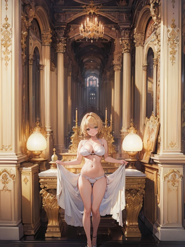 (((masterpiece) (((((Highest quality))))((high resolution))))), Very detailed, Ultra-realistic, )、、City、Blonde、White panties White Bra.Big Breasts、Cowboy Shot