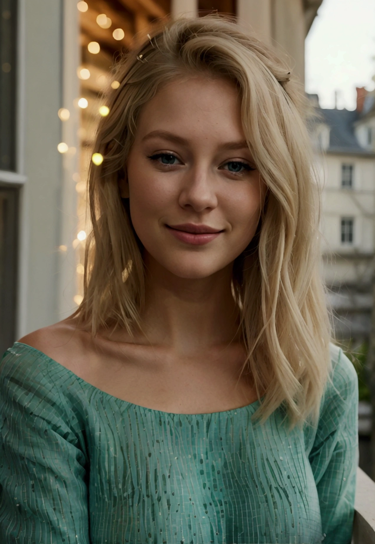 Une femme blonde de 23 ans, ((moyen seins)), ((hyperréalisme)) ,. cheveux blonds avec des racines châtain clair. cheveux blond, Cheveux aux racines brunes, cheveux très longs, cheveux très longs, cheveux très longs, Beau, vue de face, selfie, photo prise avec iPhone, pull vert élégant, selfie sur le balcon, haute qualité, iPhone HD, seins de moyenne taille, Sourire timide, ultraHD , mini short