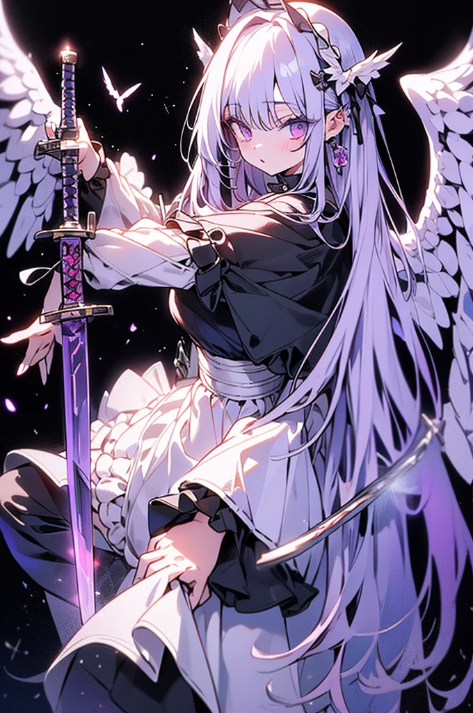 Masterpiece,angel of punishment,(((((holding a sword))))),white long hair,purple eyes,four wings,white and black Gothic ta,grown,slim,tall,solo