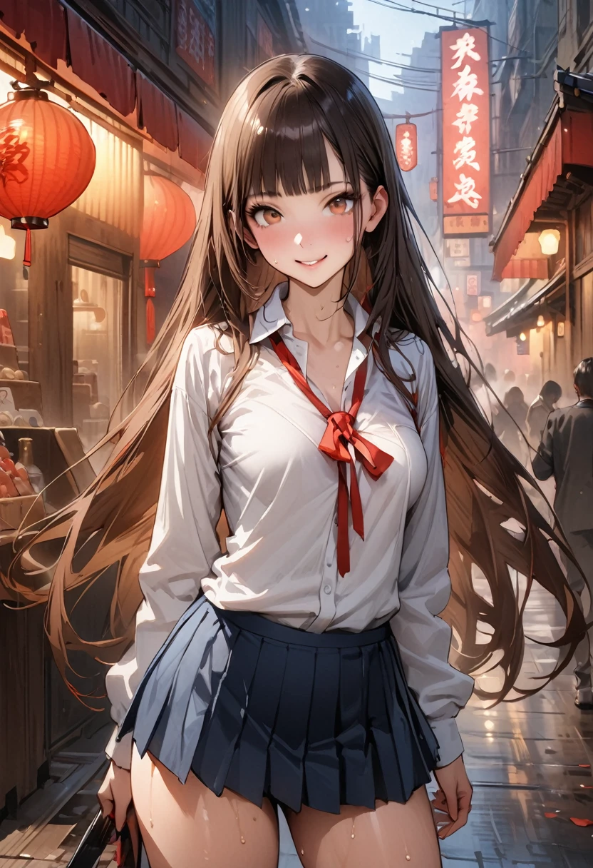 ((masterpiece,Highest quality:1.3,best quality illustration,realistic:1.3)),cowboy shot,独奏,1woman,(18-year-old、Japanese Beauty),dark brown hair,long hair,bangs,brown eyes,gorgeous eyes,(very small head:1.3),smile,(very long body:1.2,skinny),medium breasts,(Red ribbon tie、White long sleeve collared shirt、Navy blue pleated mini skirt),gleaming skin,toned body,slender body,sweat,standing,on street,neon、World of Blade Runner、