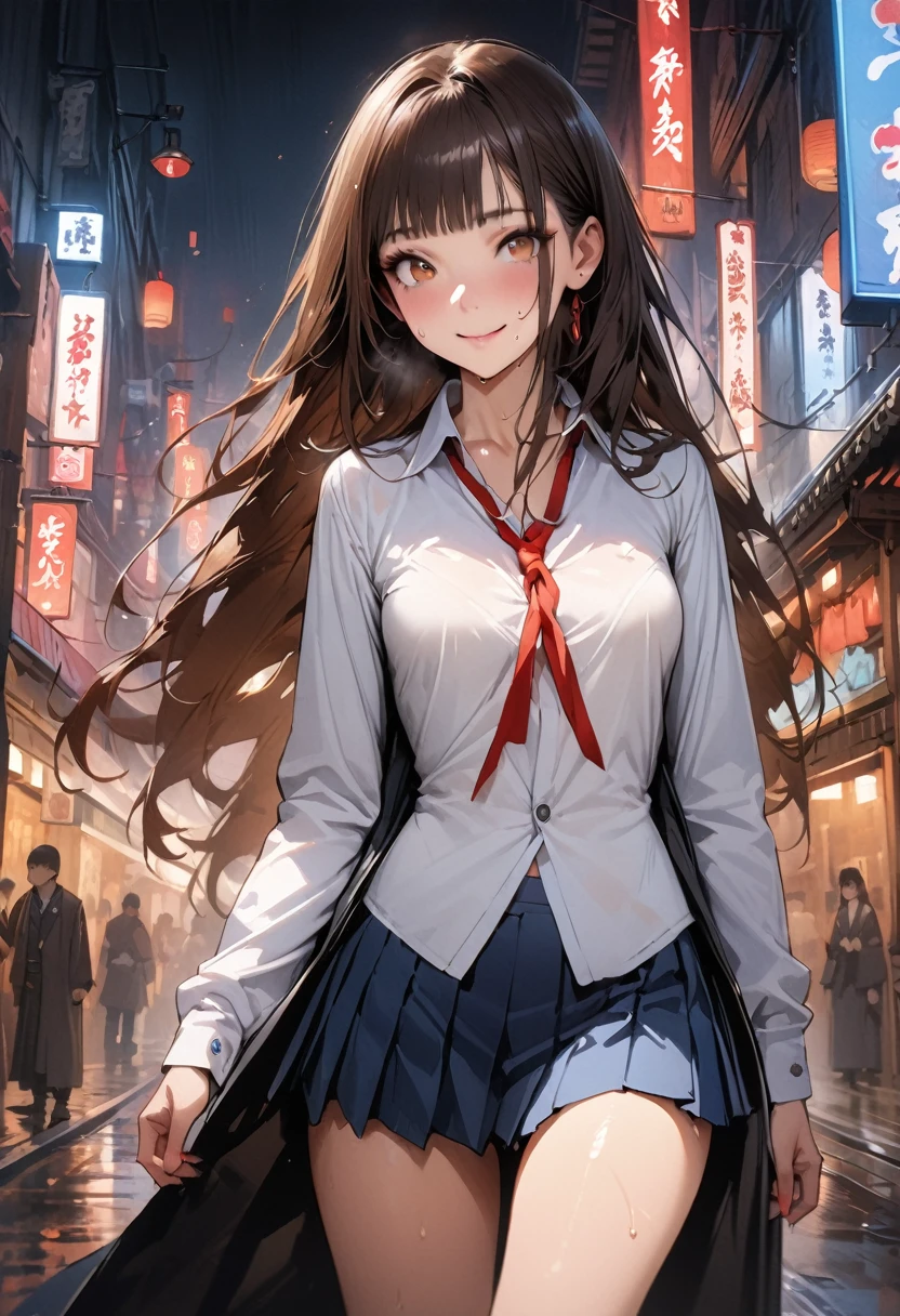 ((masterpiece,Highest quality:1.3,best quality illustration,realistic:1.3)),cowboy shot,独奏,1woman,(18-year-old、Japanese Beauty),dark brown hair,long hair,bangs,brown eyes,gorgeous eyes,(very small head:1.3),smile,(very long body:1.2,skinny),medium breasts,(Red ribbon tie、White long sleeve collared shirt、Navy blue pleated mini skirt),gleaming skin,toned body,slender body,sweat,standing,on street,neon、World of Blade Runner、