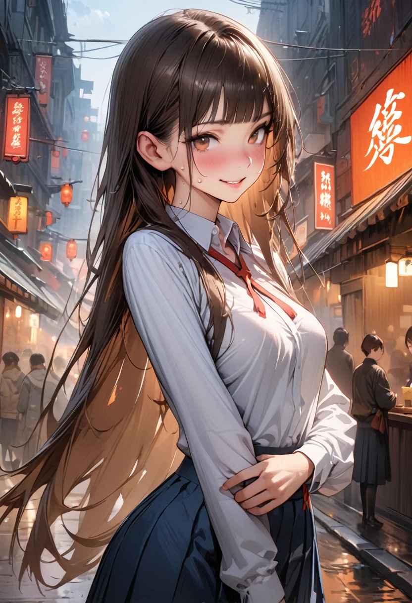 ((masterpiece,Highest quality:1.3,best quality illustration,realistic:1.3)),cowboy shot,独奏,1woman,(18-year-old、Japanese Beauty),dark brown hair,long hair,bangs,brown eyes,gorgeous eyes,(very small head:1.3),smile,(very long body:1.2,skinny),medium breasts,(Red ribbon tie、White long sleeve collared shirt、Navy blue pleated mini skirt),gleaming skin,toned body,slender body,sweat,standing,on street,neon、World of Blade Runner、