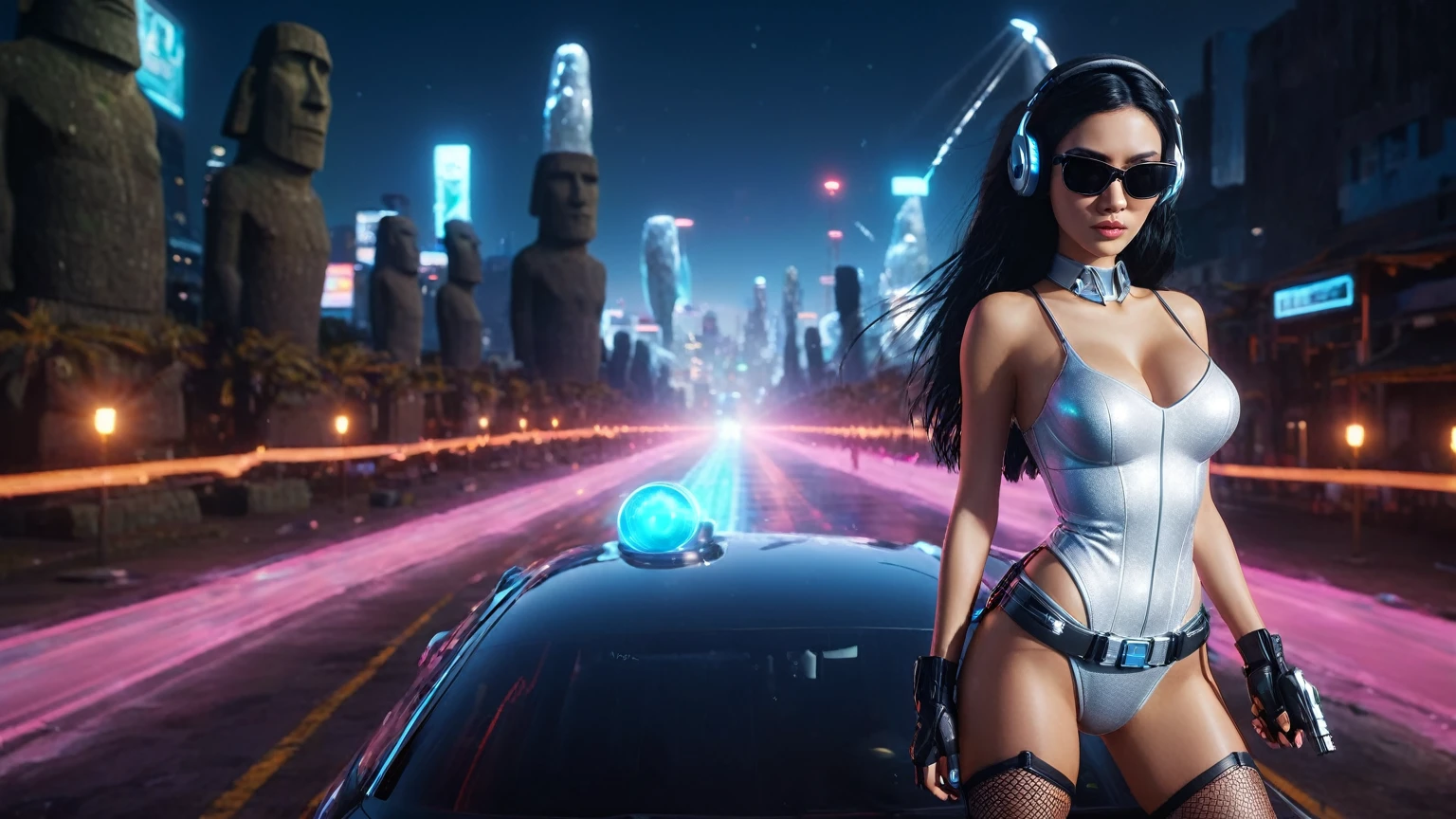 At night, dark sky, distant shot aerial view of fantasy cyberpunk style ice ((Moai-statue)) city, ((flying car)). ((1girl, solo, alone)), medium-breast:1.1 slim body, cleavage, sexy clothes, (headphone, black sunglasses, long black realistic hair), (((hip-up standing and holding pistol))), (((((half-body thigh level medium shot))))), cinematic lighting, lens flare, ray tracing.