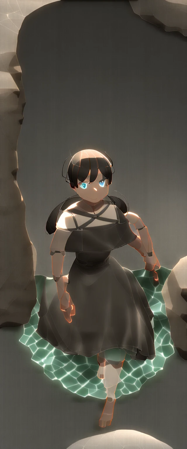Photo of a woman with natural skin, Seaside cave, The light is shining in, Upper Body, Smiling, High Twintails, Black hair with red mesh, Sharp eyes with red eyeshadow, Blue-green eyes, Shining eyes, A thin, upturned nose, Well-shaped lips, ((Black off-the-shoulder dress, Thin shoulder straps)), barefoot, Makeup, Exquisitely crafted with the utmost attention to detail, Vibrant, amazing, Smooth, Cinematic, 4K, Backlight, (()), Shallow depth of field, ((Detailed eyes:1.3, Detailed lips:1.3, high quality, )), masterpiece, Super detailed images, High quality