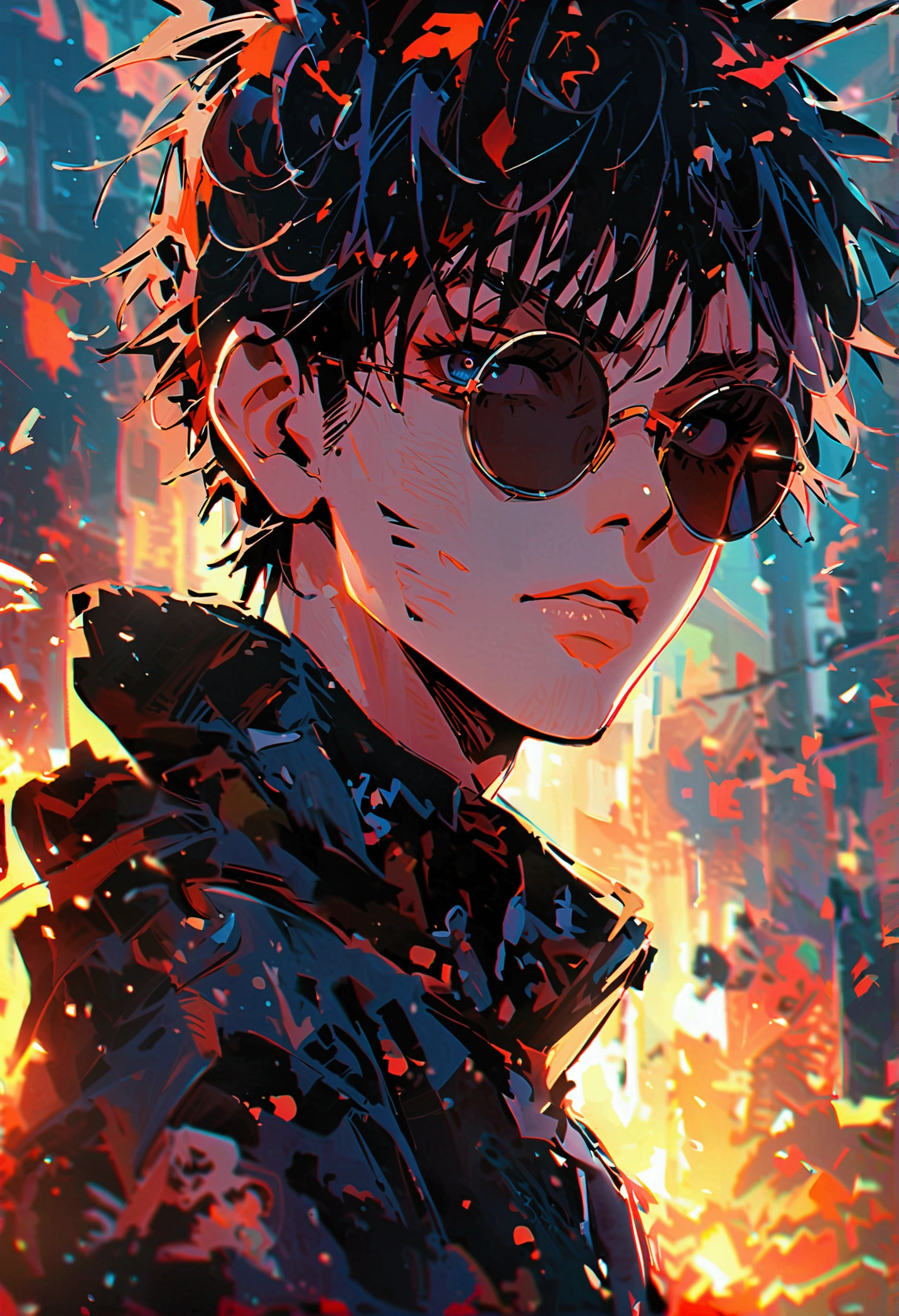 (One boy,Gojo Satoru,JUJUTSU KAİSEN),black round lens sunglasses,artwork
