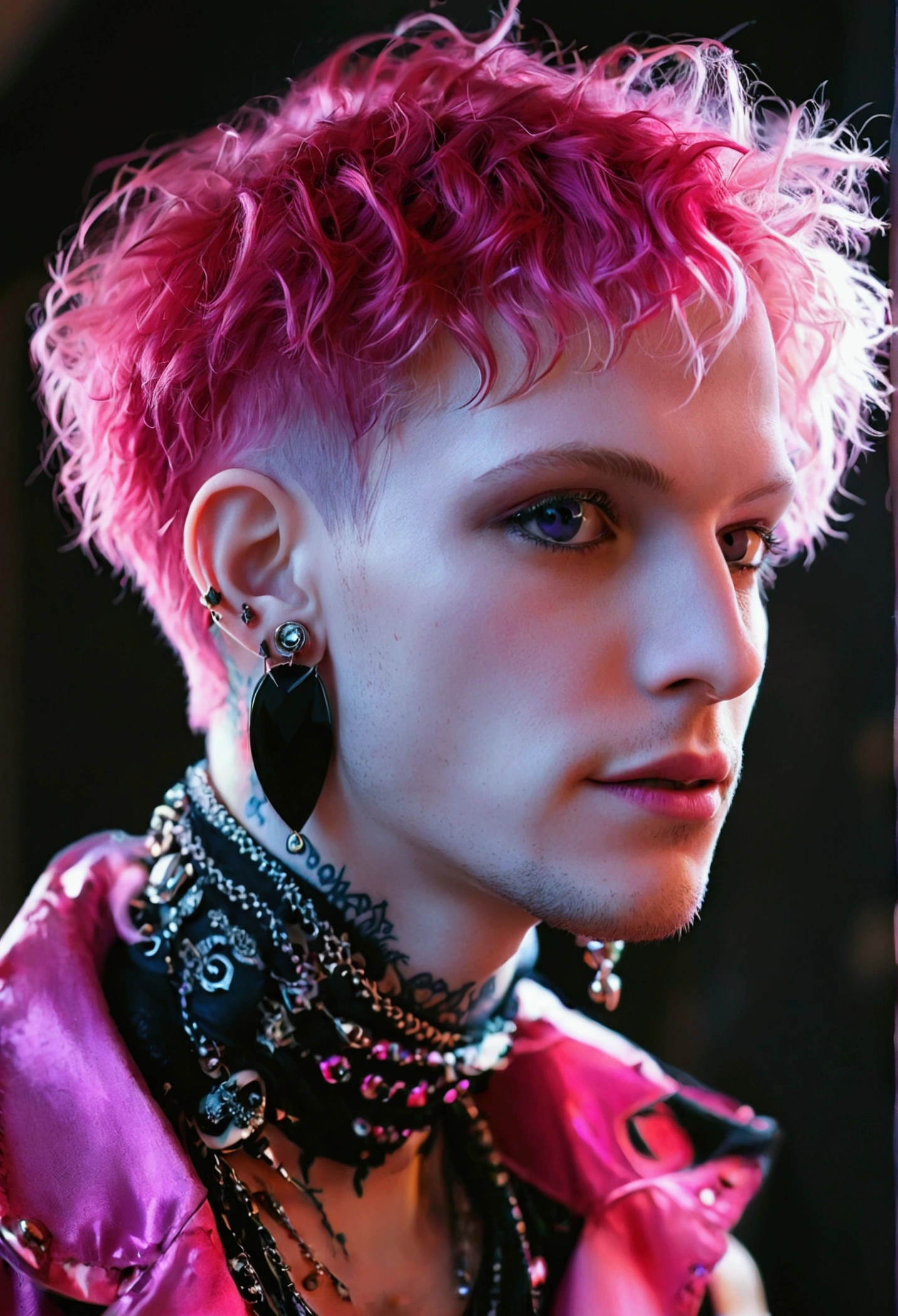 short pink hair, skinny man, pink goth, earrings, pale skin, purple eyes, smile, side profile