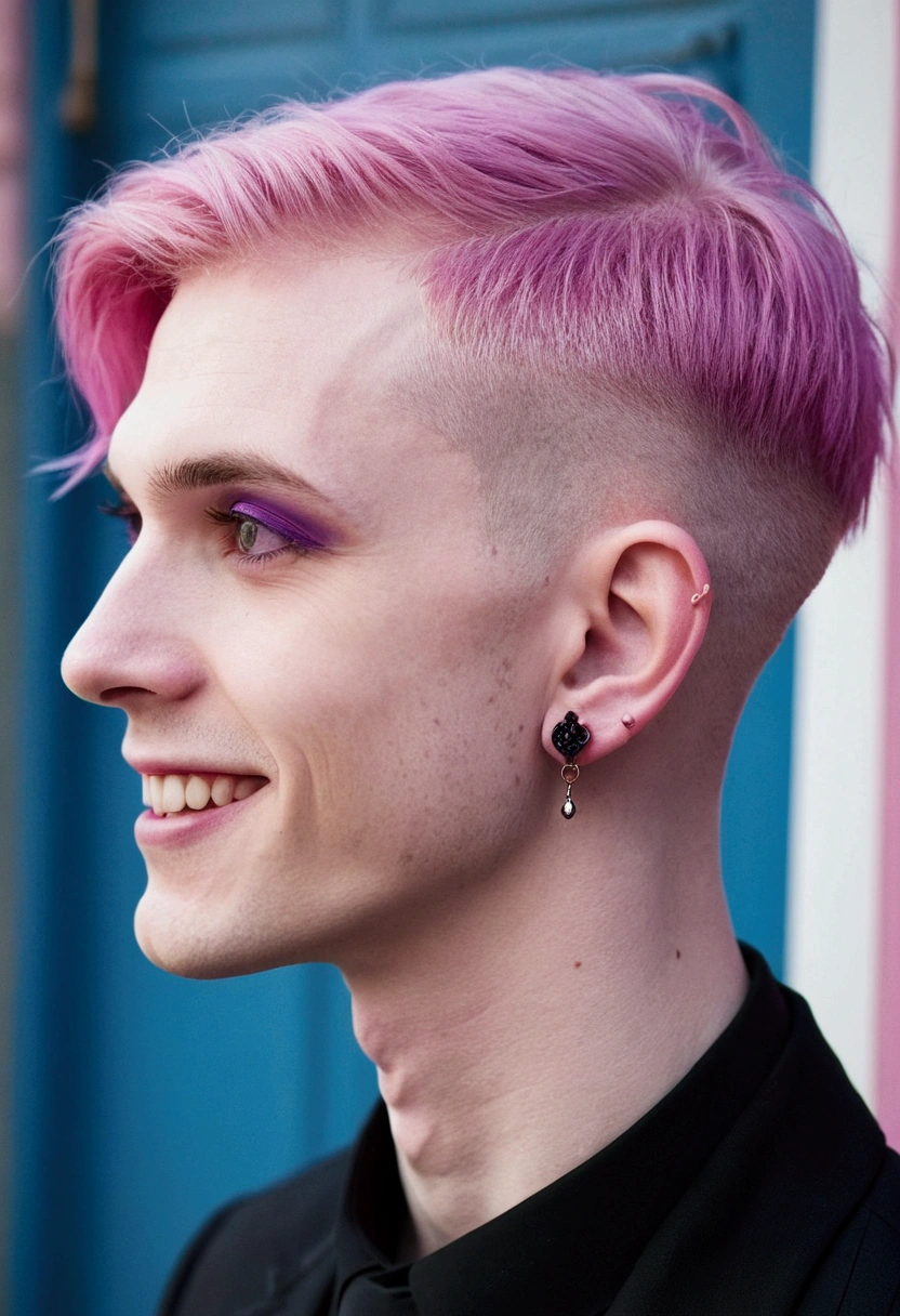 short pink hair, skinny man, pink goth, earrings, pale skin, purple eyes, smile, side profile