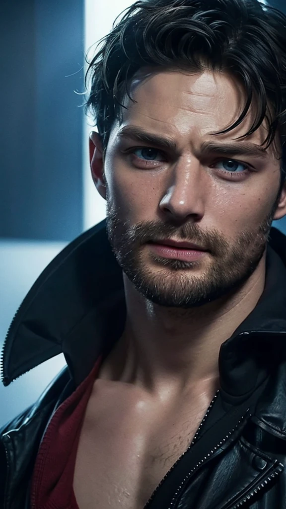 A detailed hyper realistic CGI face, Jamie Dornan infect by venom, Cinematic color, sad