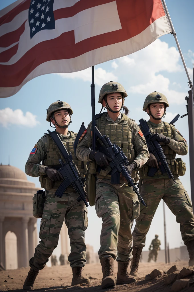 ((best quality)), ((masterpiece)), (detailed), soldiers raising a flag