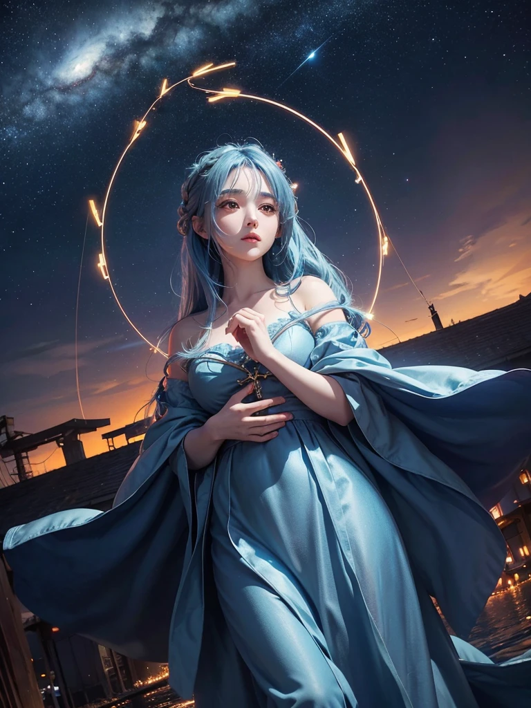 Ultra HD、A beautiful blue-haired character、Cute big eyes、Red burning cheeks、Night scene with starry sky background、Wearing a gorgeous dress、Subtle details、A fantastic atmosphere、Anime style、prayer pose
