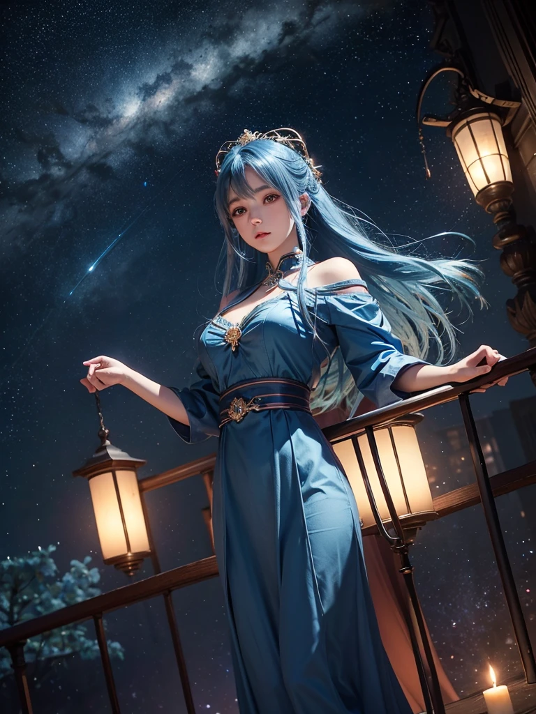 Ultra HD、A beautiful blue-haired character、Cute big eyes、Red burning cheeks、Night scene with starry sky background、Wearing a gorgeous dress、Subtle details、A fantastic atmosphere、Anime style、prayer pose