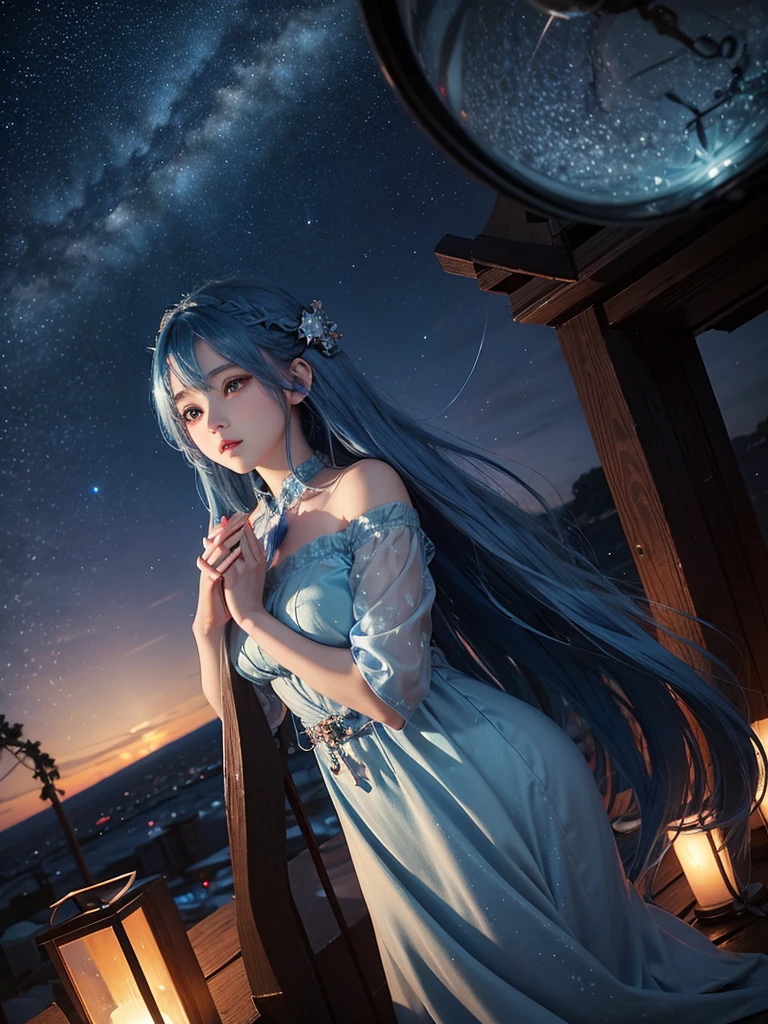 Ultra HD、A beautiful blue-haired character、Cute big eyes、Red burning cheeks、Night scene with starry sky background、Wearing a gorgeous dress、Subtle details、A fantastic atmosphere、Anime style、prayer pose