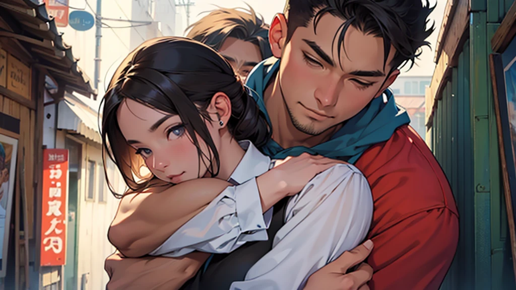 ((best quality)), ((Artwork)),((detailed)), man hugging woman from behind