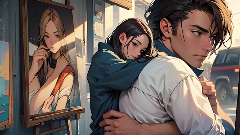 ((best quality)), ((Artwork)),((detailed)), man hugging woman from behind