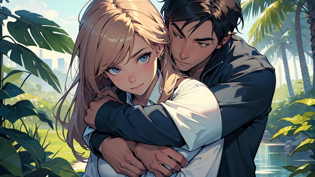 ((best quality)), ((Artwork)),((detailed)), man hugging woman from behind