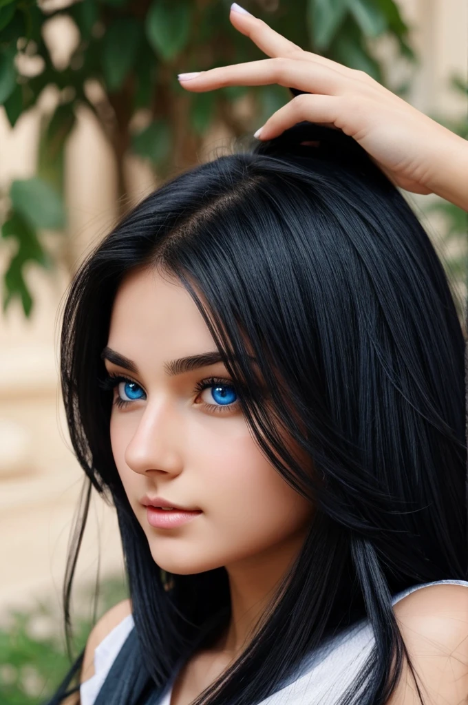 Generate me a 18 years old girl with blue eyes beautiful shaped nose beautiful face long black hairs