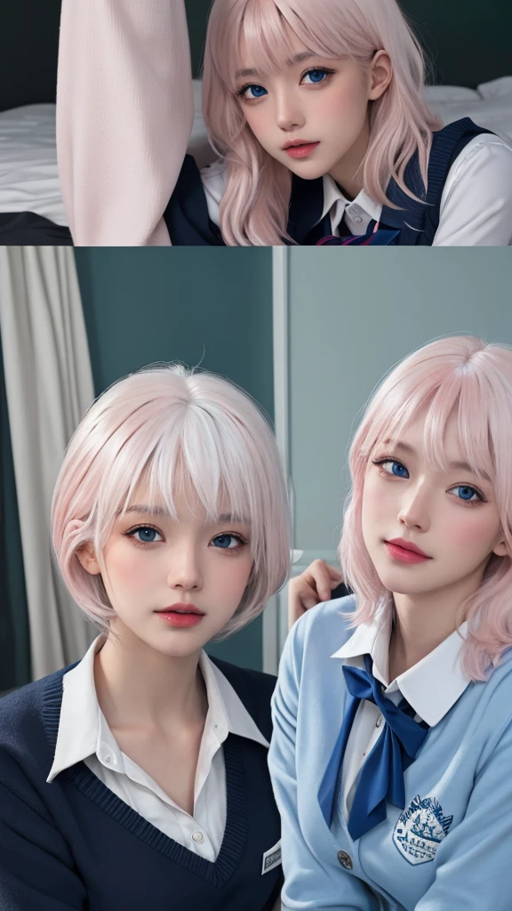 (masterpiece), (high quality), (8k resolution), (RAW photo), (best quality), (masterpiece:1.5), (realistic:1.5), ((photo realistic)), vibrant details, hyper realistic,1girl, (cute:1.2), beautiful, high-quality and detailed face, perfect face, (white hair And light pink hair:1.4), rosy cheeks, detailed eyes, (blue eyes),colorful eyes,(watery eyes),nsfw,, slender body, looking at viewer, closed mouth, real human skin, shiny skin, mid breasts, ((school uniform)), sitting, bed,